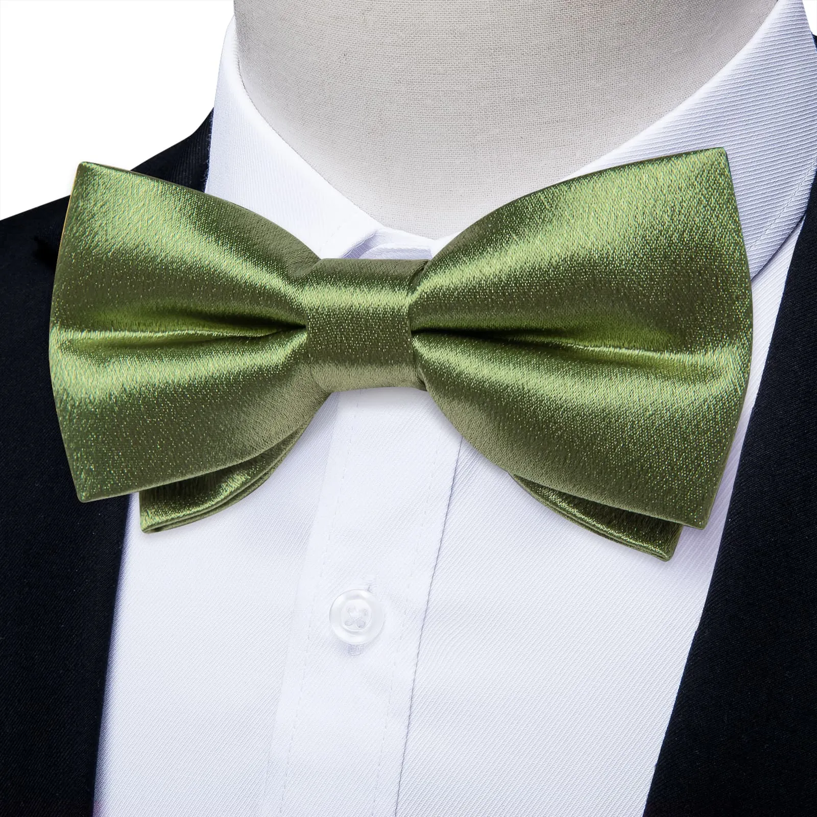 DiBanGu Silk Bow Tie Shining Sage Green Solid Mens Pre-Tied Bowtie Hanky Cufflinks Set