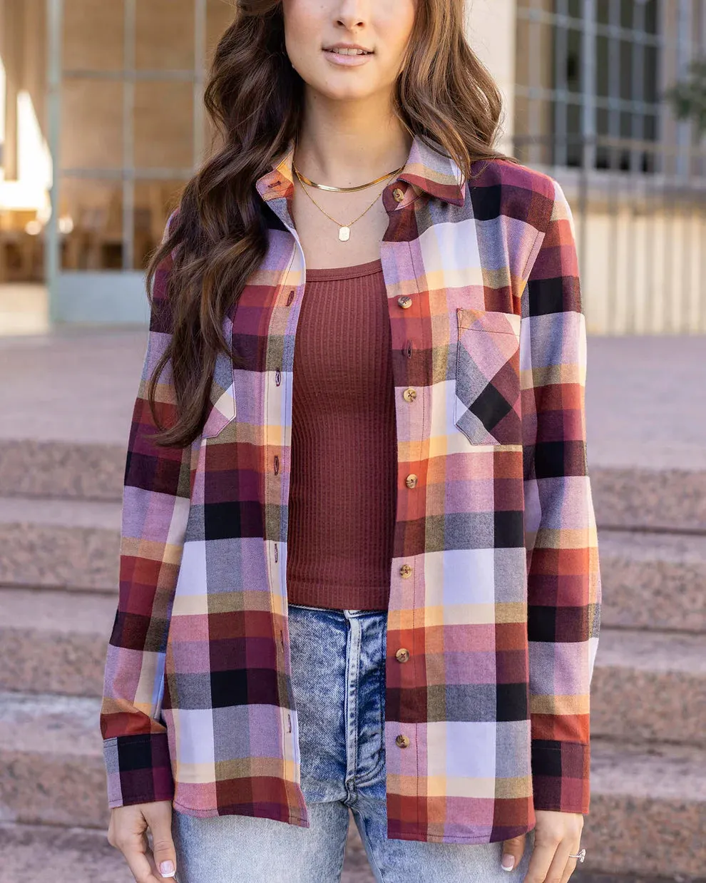 Grace & Lace Northern Plaid Flannel Top - Sunset Plaid