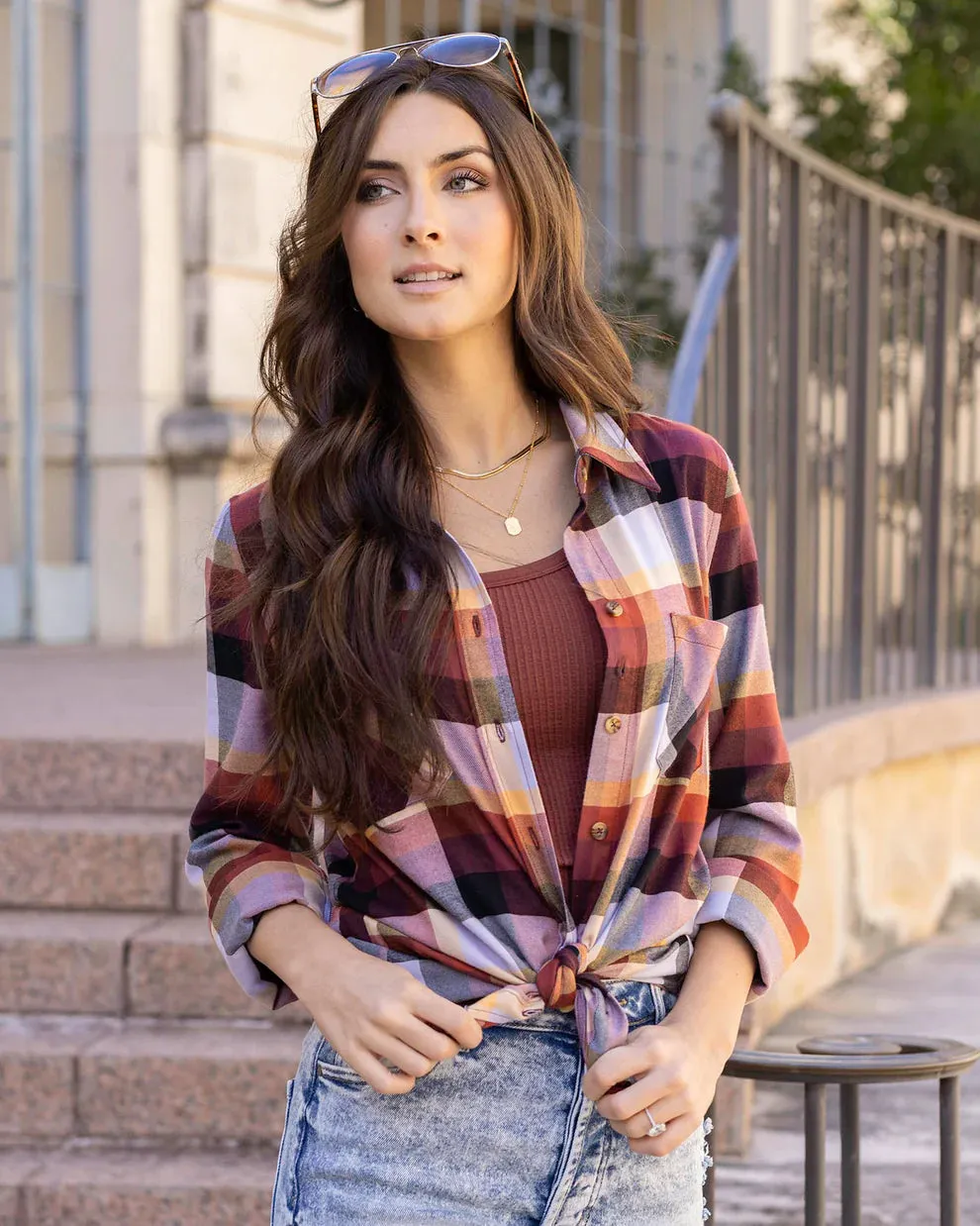 Grace & Lace Northern Plaid Flannel Top - Sunset Plaid