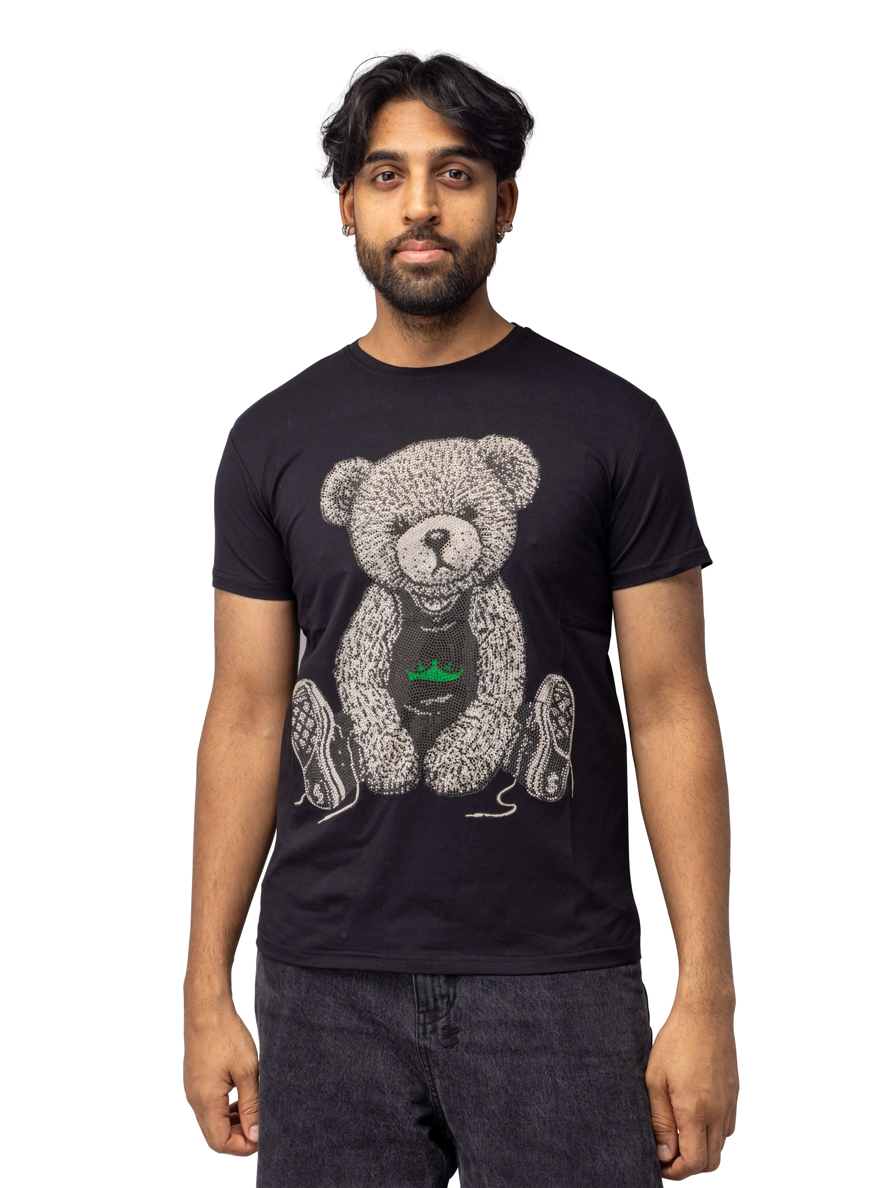 Heads or Tails Men's Slim Fit Crewneck Rhinestone Studded Graphic Printed T-Shirt Stone Tee Seated Bear With Green Crown