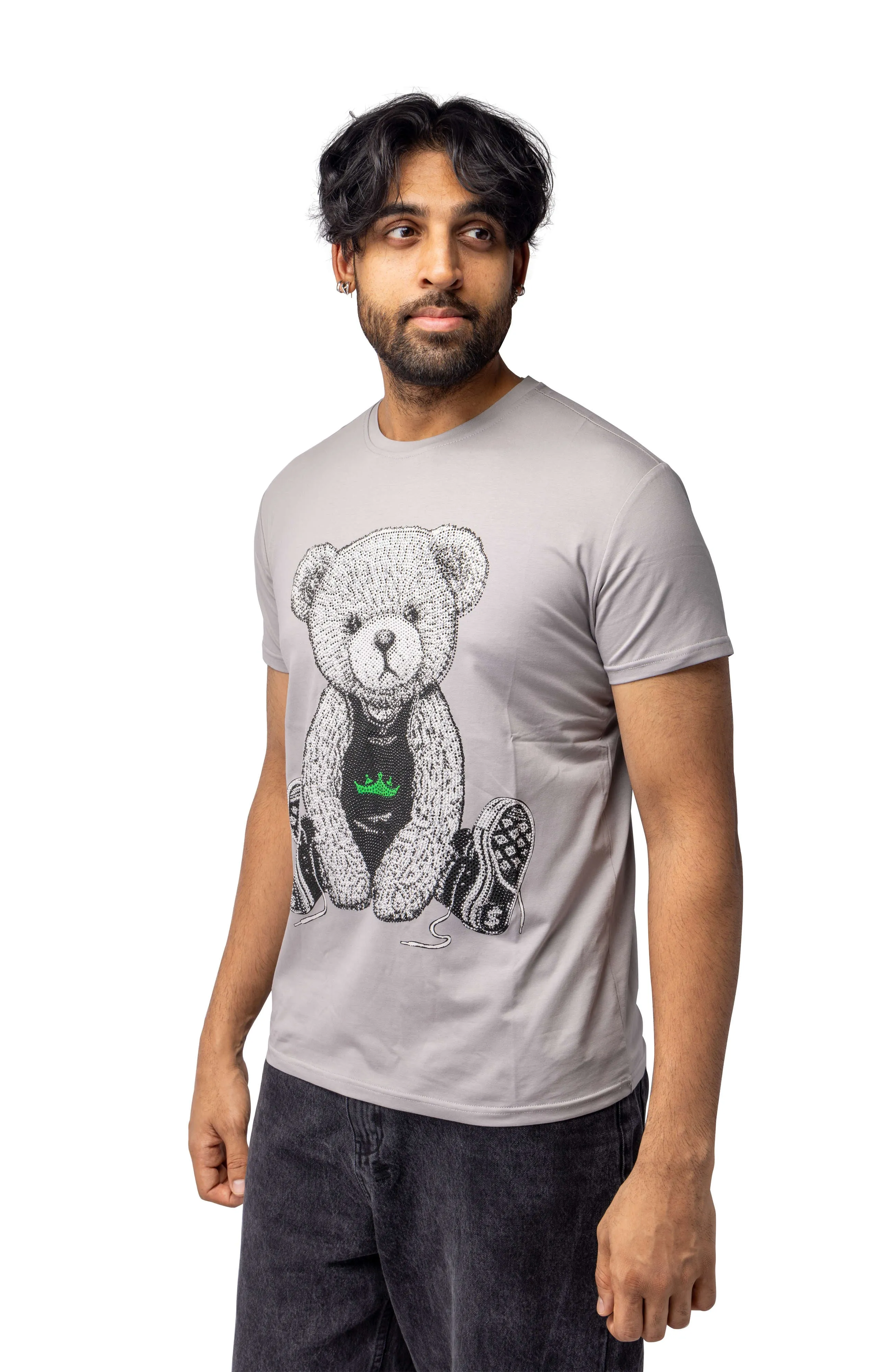 Heads or Tails Men's Slim Fit Crewneck Rhinestone Studded Graphic Printed T-Shirt Stone Tee Seated Bear With Green Crown