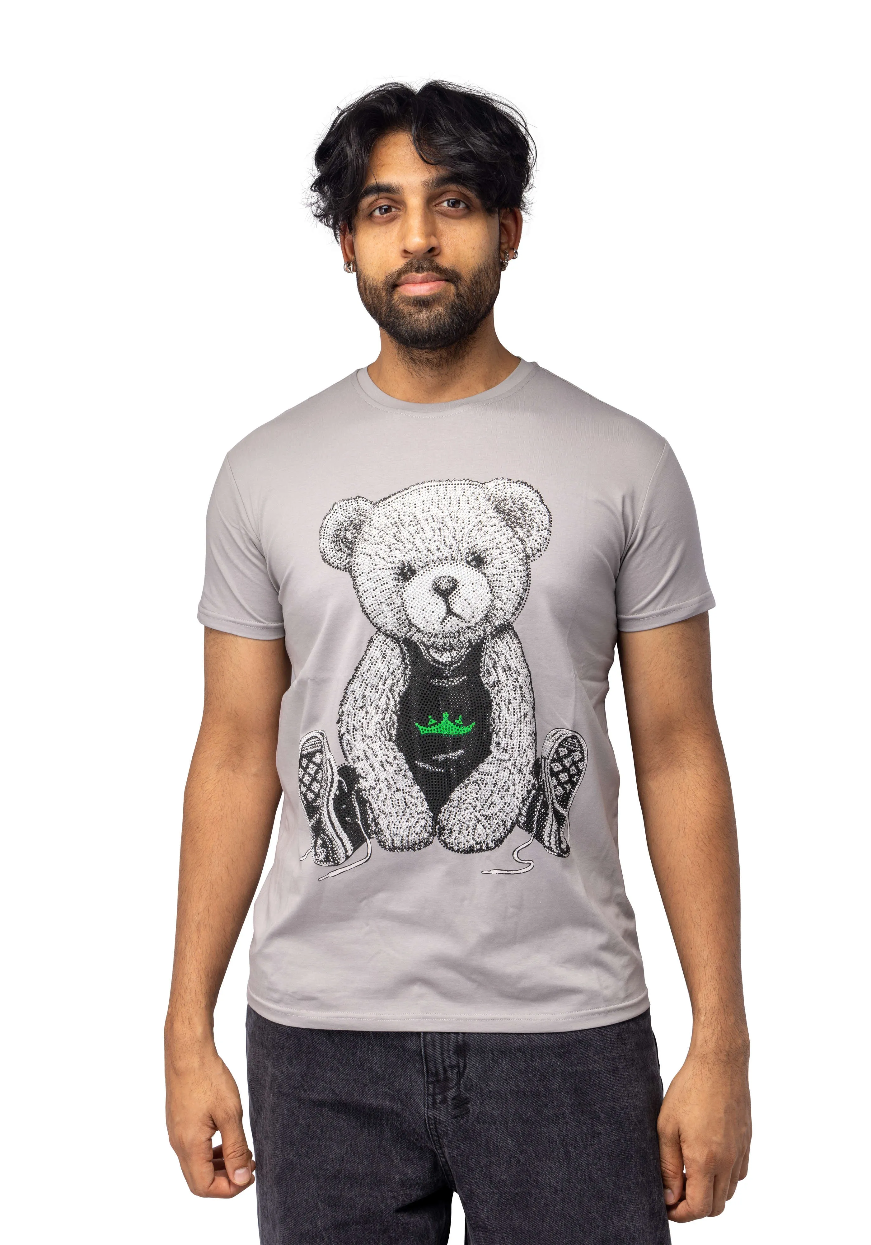 Heads or Tails Men's Slim Fit Crewneck Rhinestone Studded Graphic Printed T-Shirt Stone Tee Seated Bear With Green Crown