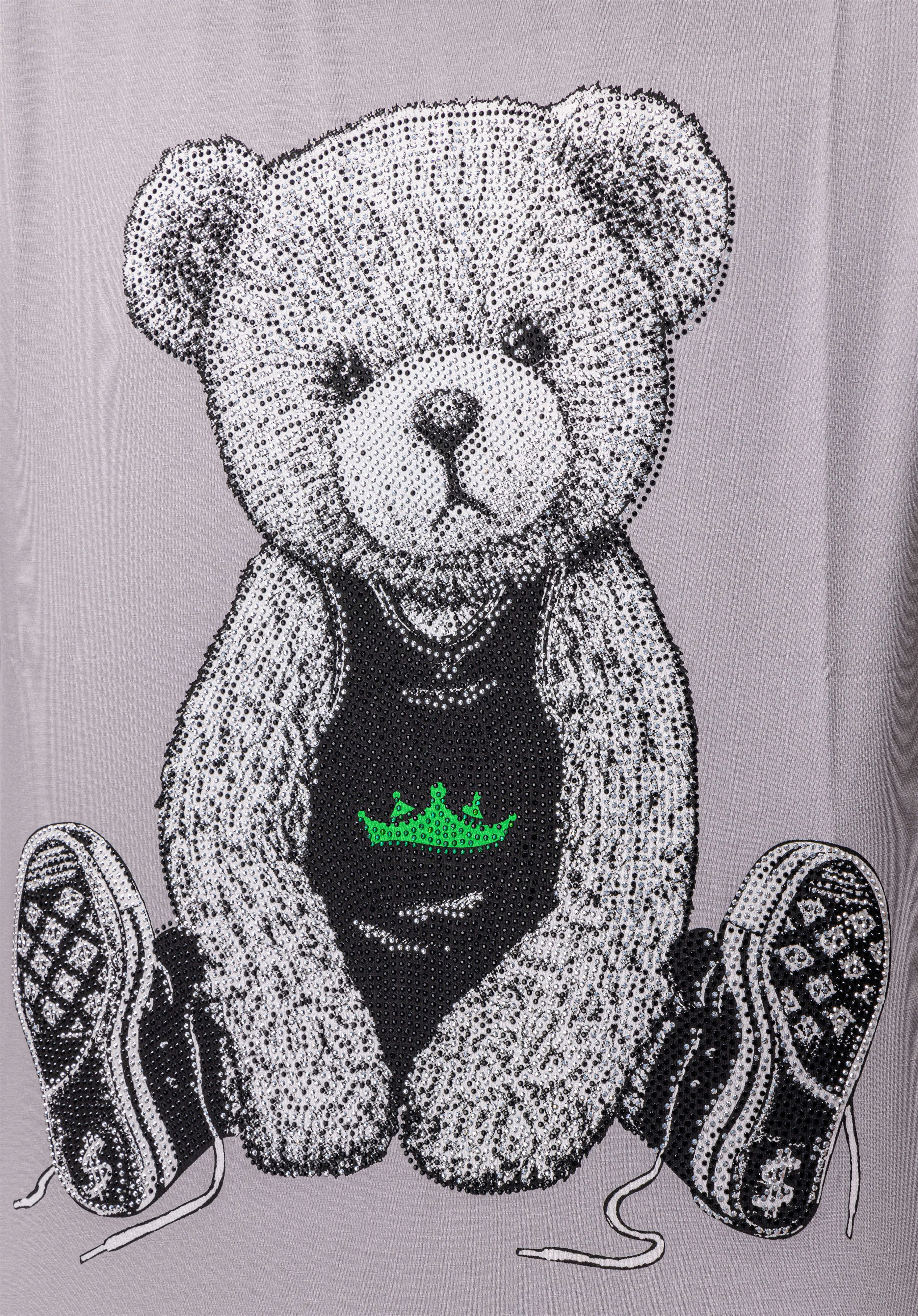 Heads or Tails Men's Slim Fit Crewneck Rhinestone Studded Graphic Printed T-Shirt Stone Tee Seated Bear With Green Crown