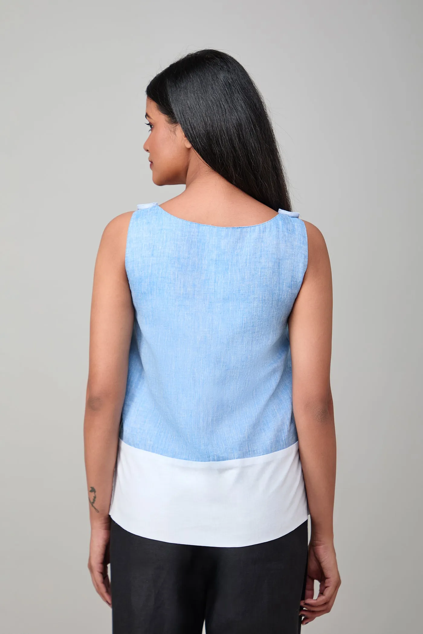 Hemp And Bamboo Contrast Sleeveless Flower Top Blue