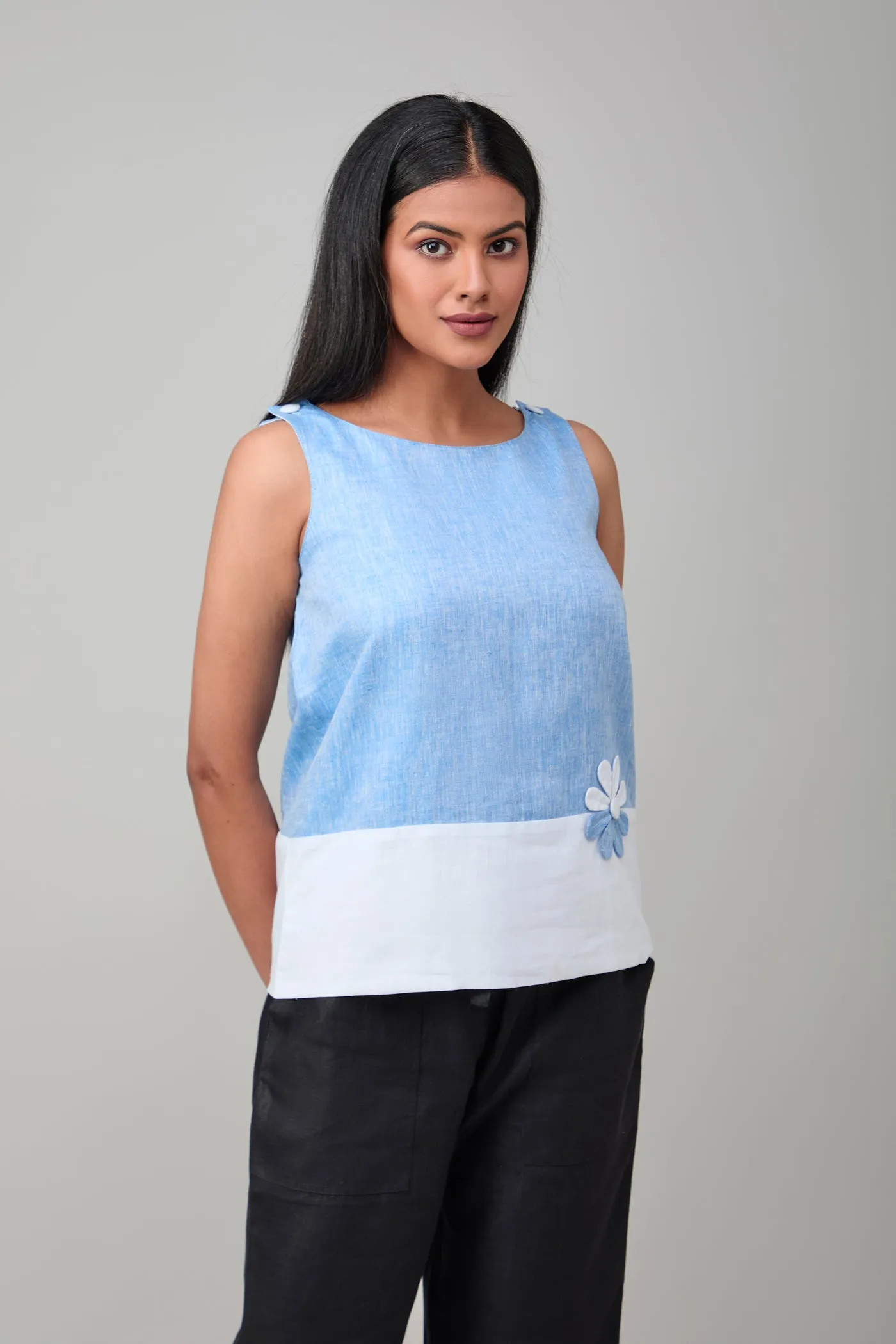 Hemp And Bamboo Contrast Sleeveless Flower Top Blue