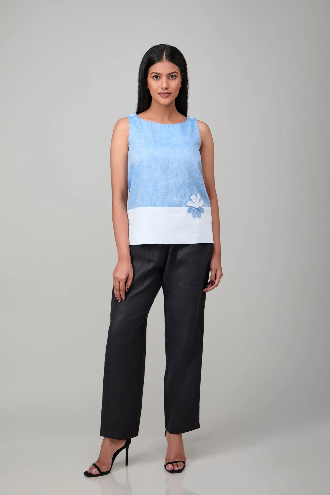 Hemp And Bamboo Contrast Sleeveless Flower Top Blue