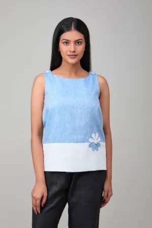 Hemp And Bamboo Contrast Sleeveless Flower Top Blue