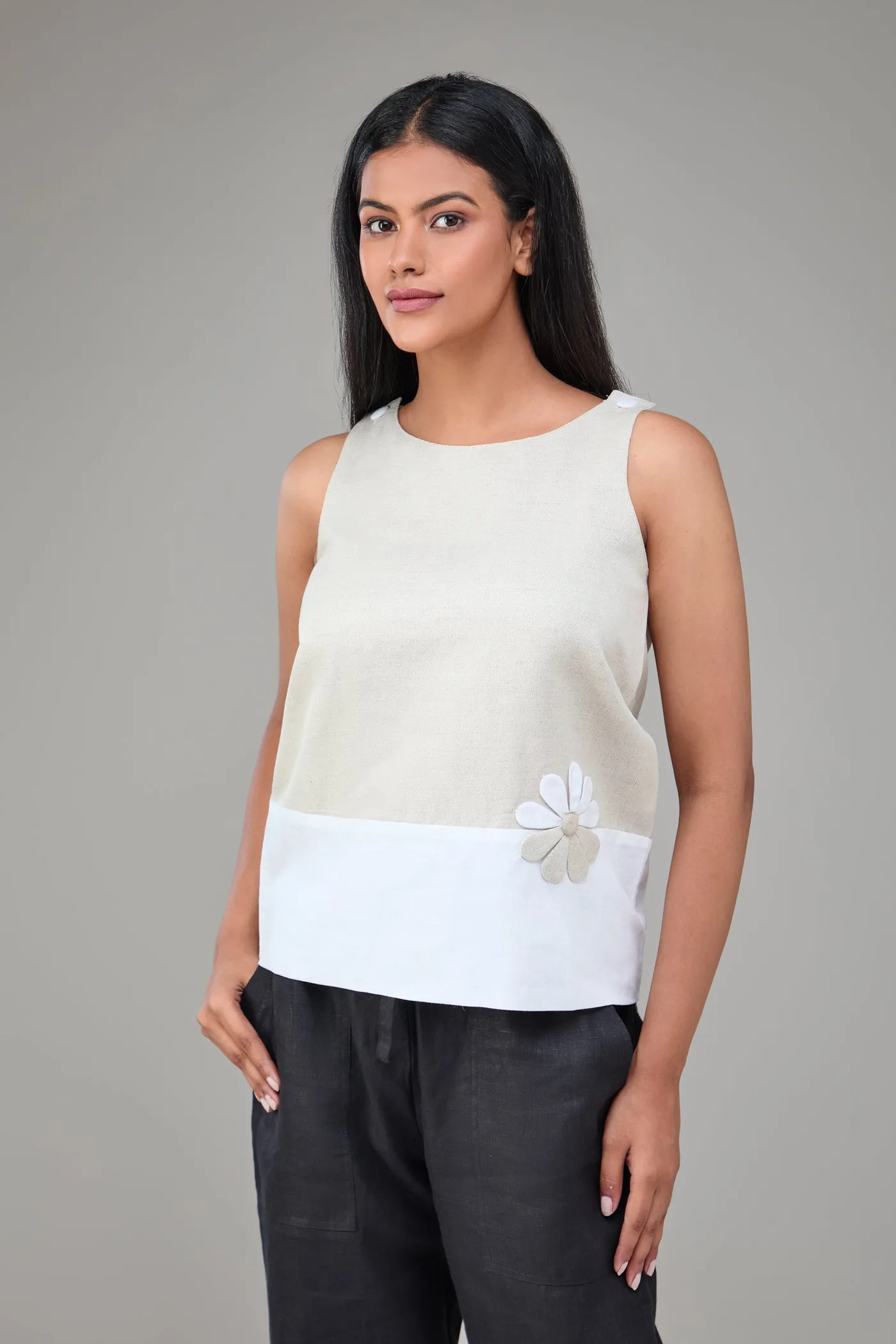 Hemp And Bamboo Contrast Sleeveless Flower Top Natural