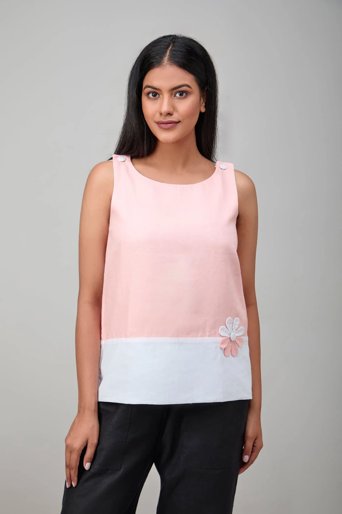 Hemp And Bamboo Contrast Sleeveless Flower Top Peach