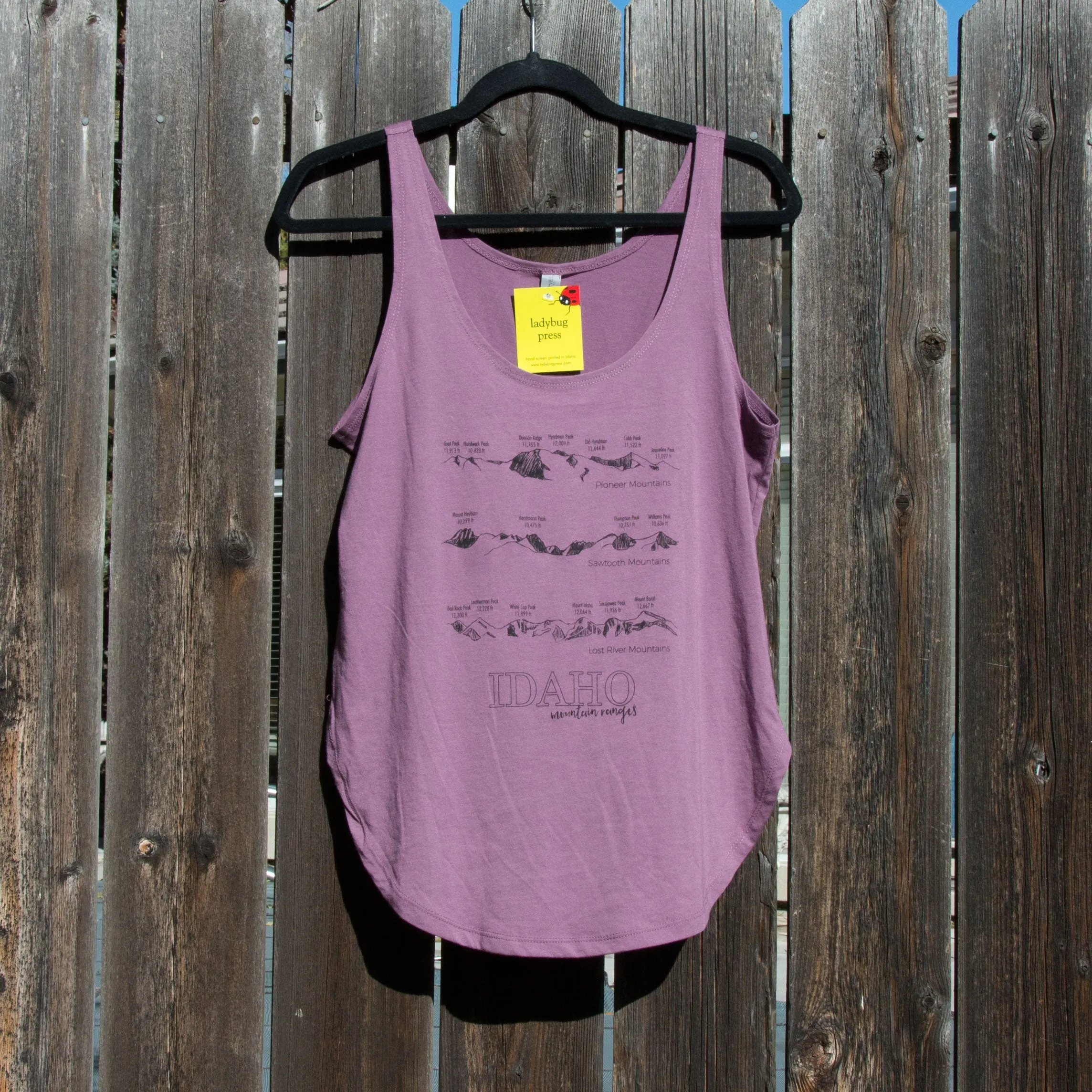 Idaho Mountain Ranges Women's tank top, screen printed with eco-friendly waterbased inks, adult sizes