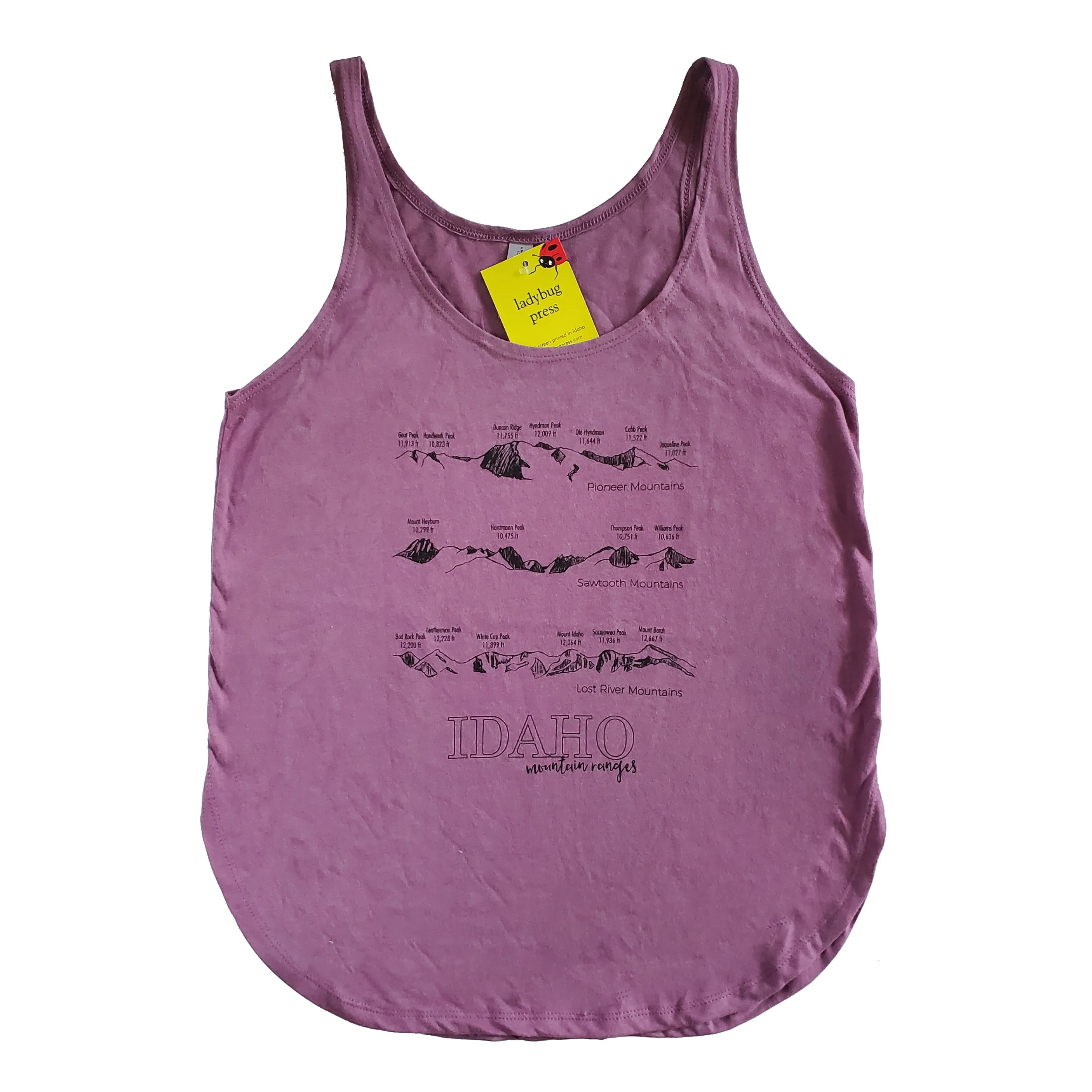 Idaho Mountain Ranges Women's tank top, screen printed with eco-friendly waterbased inks, adult sizes