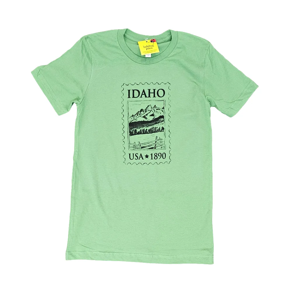 Idaho Stamp Green T-shirt, Adult Sizes, Eco Friendly Waterbased Inks