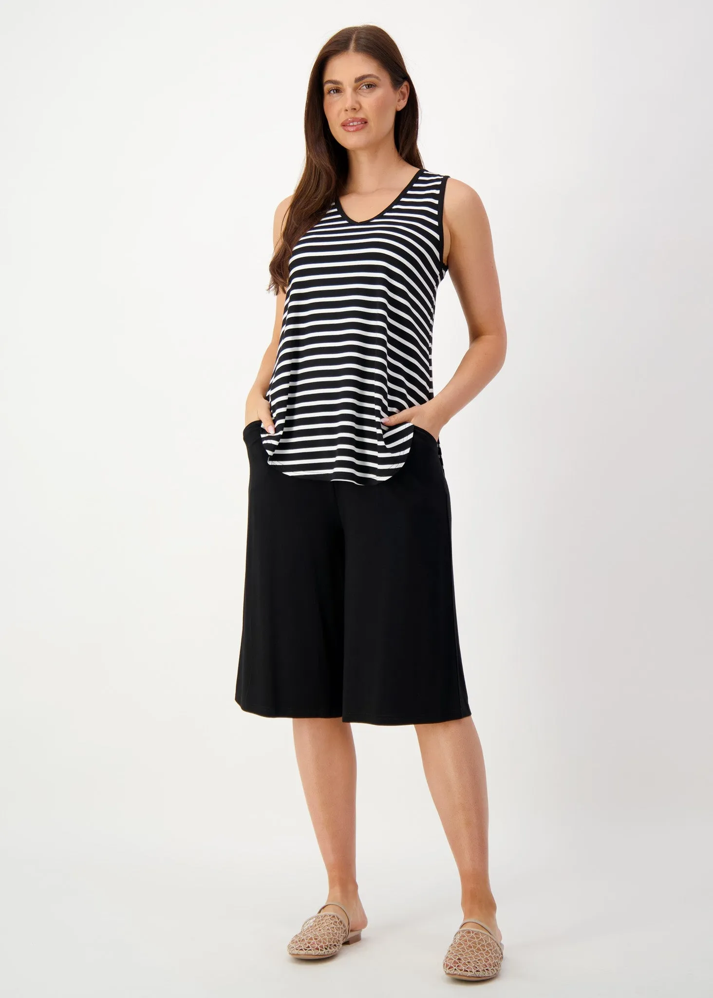 Rihanna V-Neck Bamboo Tank Top - Black & White Stripe