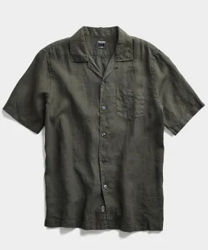 Short Sleeve Linen Camp Collar Shirt in Olive