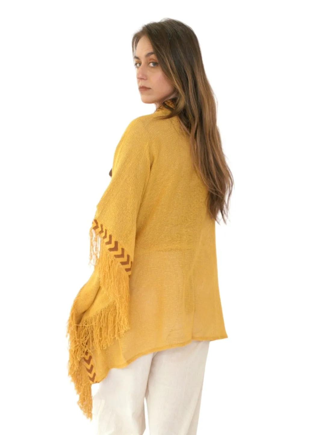 Turmeric Mesh Open Poncho with Fringe