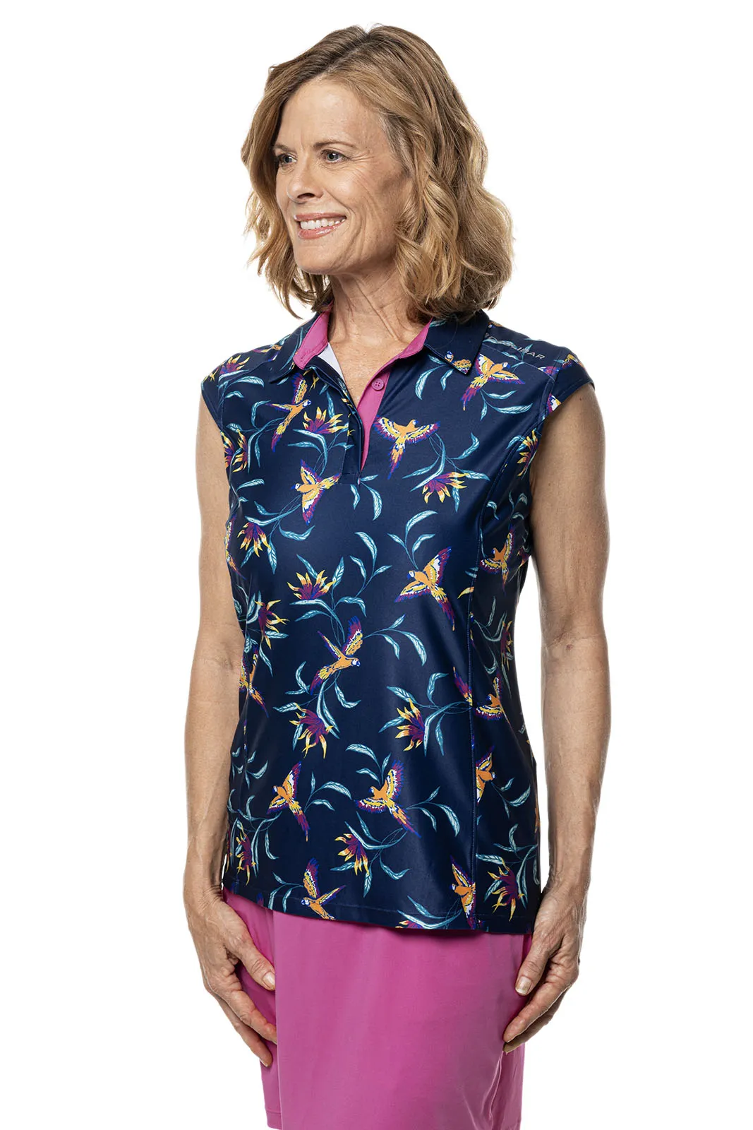 Women's Dew-Sweeper Sleeveless Golf Polo  |  Navy Birds of Paradise