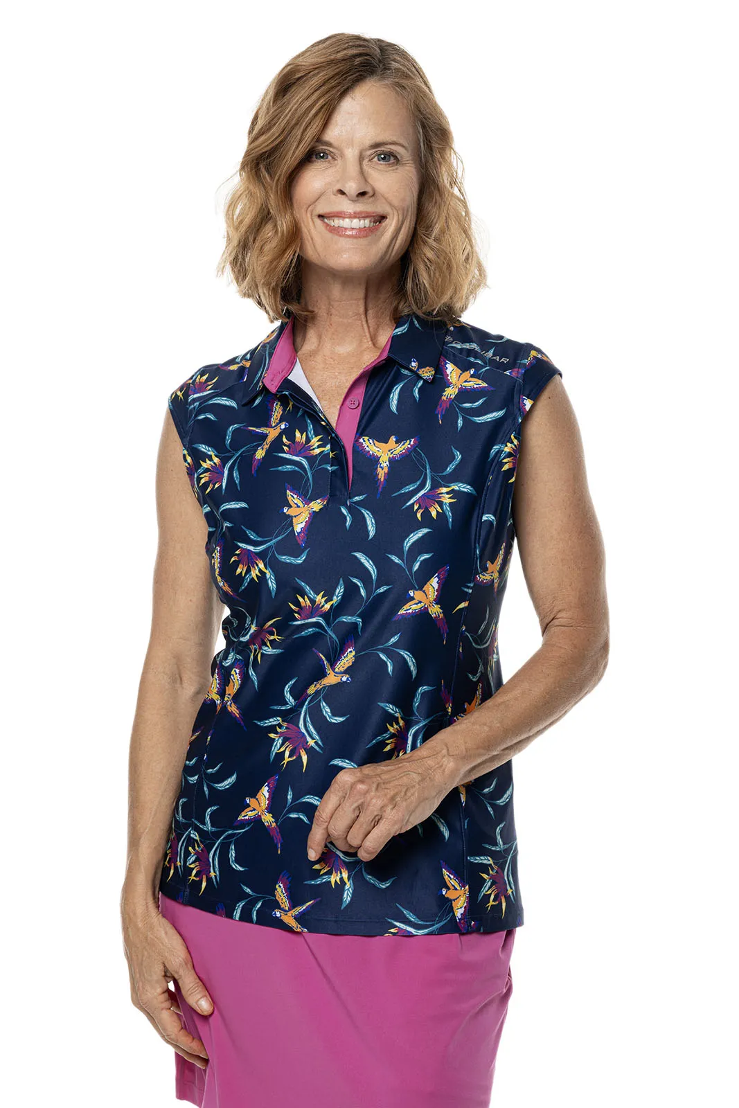 Women's Dew-Sweeper Sleeveless Golf Polo  |  Navy Birds of Paradise