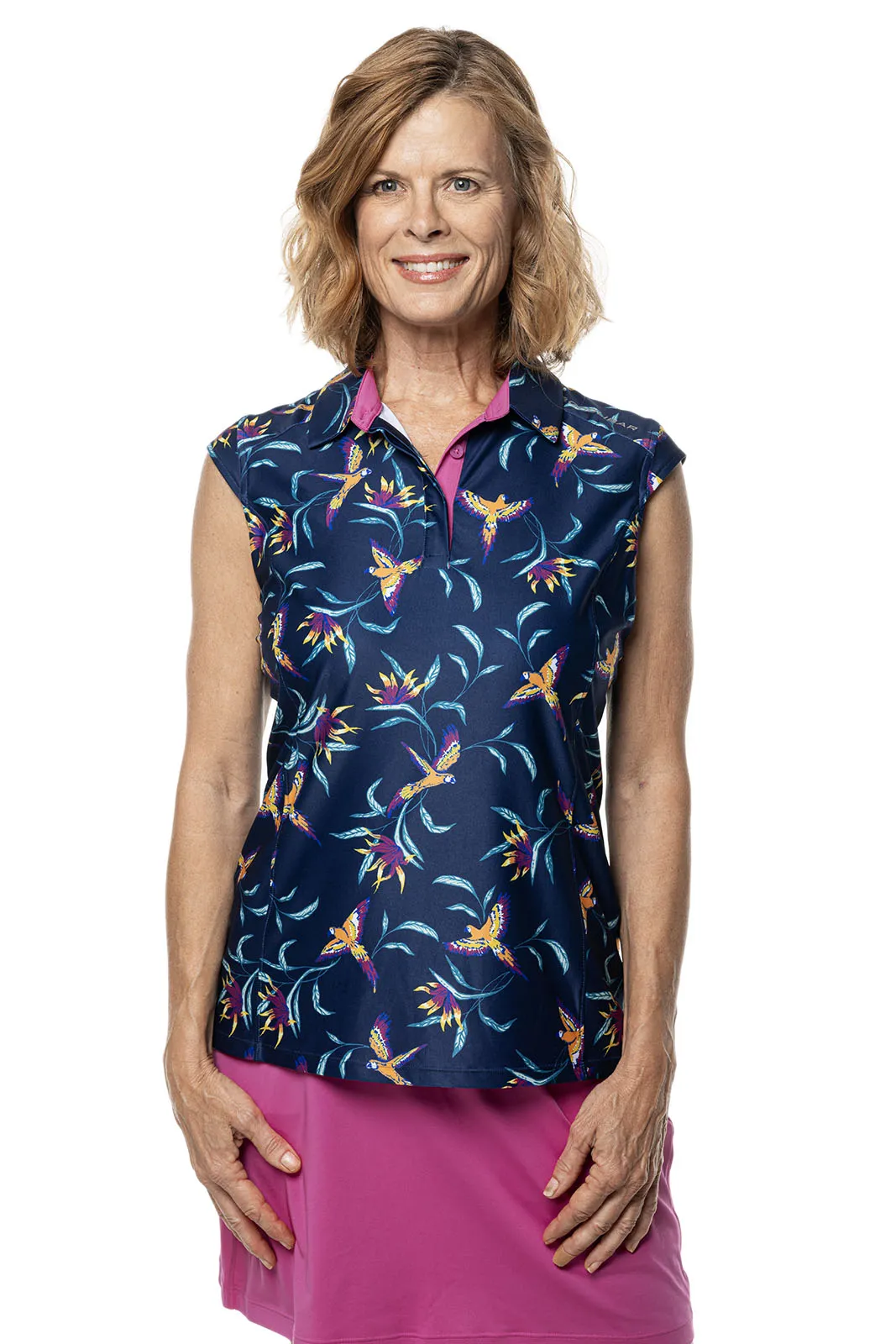 Women's Dew-Sweeper Sleeveless Golf Polo  |  Navy Birds of Paradise