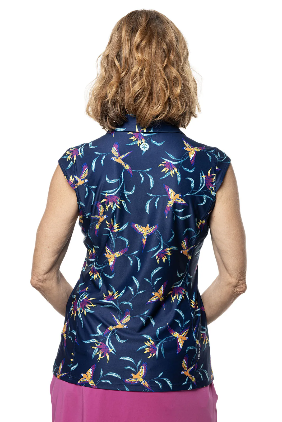 Women's Dew-Sweeper Sleeveless Golf Polo  |  Navy Birds of Paradise